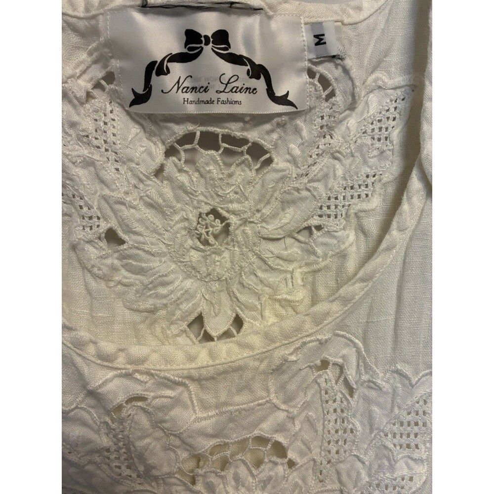 Vintage Handmade 100% Linen Maxi Dress Size M Embroidery Off White - Picture 2 of 4